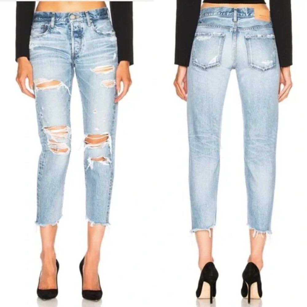 Moussy Vintage light wash distressed destroyed shred denim Creston tapered jeans - Picture 2 of 8